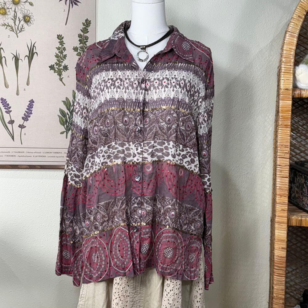 Vintage 90s Y2k Embellished Button Up Shirt Boho Hippie Southwestern Cowgirl XL
